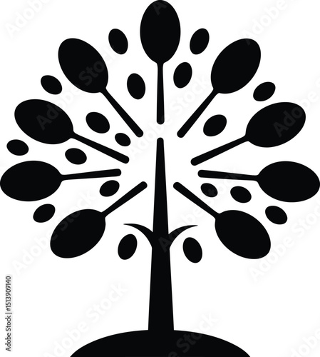 Whimsical spoon tree silhouette. Abstract culinary art icon for restaurant, food blog, creative catering, kitchen decor. AI Generative

