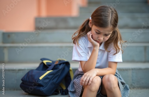Young girl sits on outdoor steps, looking sad. She is isolated and alone. Unhappy child with backpack. Schoolgirl stress bullying victim, feeling despair. Childhood emotional issues.