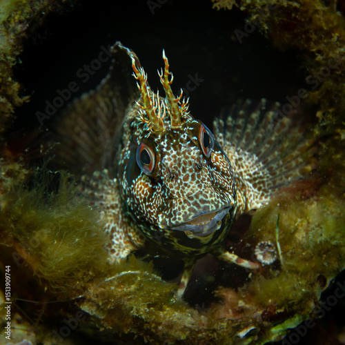 Unterwasserfoto gestreifter Schleimfisch im Mittellmeer, Costa Brava, Spanien, Parablennius gattorugine photo