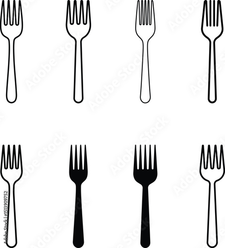 Fork icon set. Outline & solid silhouette cutlery for dining, food, restaurant, kitchen, tableware collection. AI Generative

