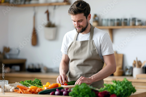 A young man enjoys cooking as he skillfully chops fresh vegetables in a stylish kitchen