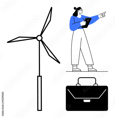 Person assessing wind turbine for clean energy solutions, holding tablet, pointing ahead. Ideal for renewable energy, business growth, environmental strategy, green jobs, sustainability