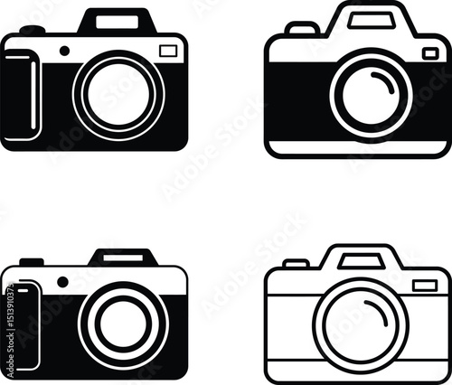 Camera icon set. Solid & outline photography symbols: SLR, digital, retro. For photo, picture, media, lens, hobby. AI Generative
