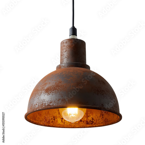 A vintage industrial-style pendant lamp, featuring a rusty metal lampshade, a bright lightbulb, and a black cable for hanging