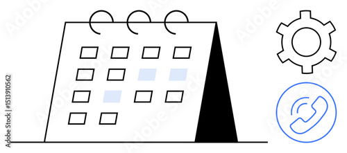 Calendar with marked dates, gear symbol for settings, and phone icon for communication. Ideal for scheduling, organizing, planning, productivity tools, event management, time tracking simple landing