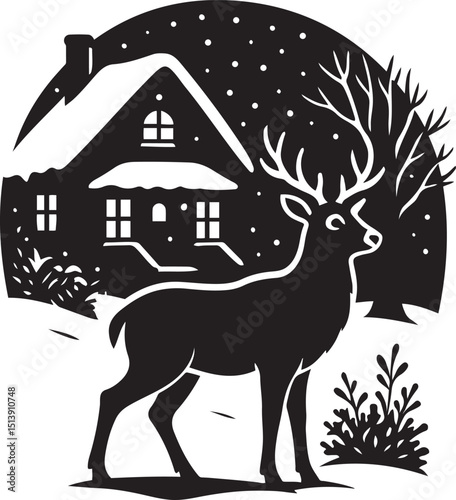 Winter cabin and deer silhouette scene, Cozy forest setting with wildlife design