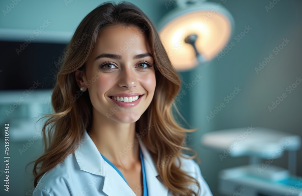 Fototapeta premium Smiling young female dentist posing at dental clinic. Attractive woman doctor in white coat. Portrait of confident, friendly healthcare pro. Modern dentistry, healthy teeth, dental care, oral hygiene.