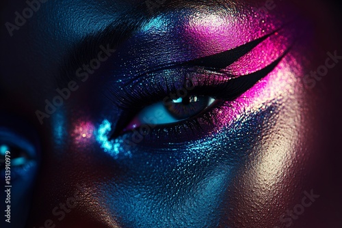 Ultra-detailed avant-garde beauty close-up: Holographic prism-shift pigment over matte charcoal base creating iridescent geometric cut-crease, neon cyber pink tightline with hyperrealistic photo