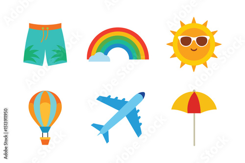 Fun and vibrant summer element set with beach and travel icons vector illustration.