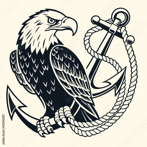 Monochrome Eagle and Anchor Design with Rope Nautical Theme Illustration