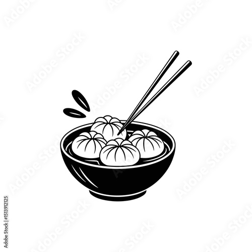 Dumplings in Broth: A delicious bowl of dumplings served in a rich broth, accompanied by chopsticks.  The simple black and white illustration is perfect for menus, blogs, and recipe books.