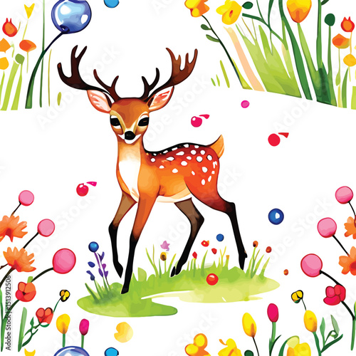Watercolor Deer Illustration Whimsical Fawn With Floral Background For Childrens Book Nursery Decor And Spring Themed Designs Painted In A Cute And Vibrant Style