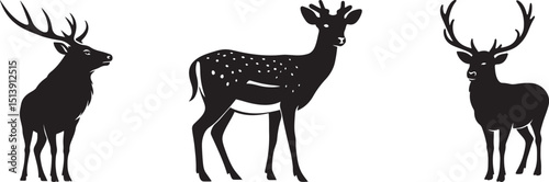 Simple deer trio silhouette design, Minimalist wildlife black and white sketch