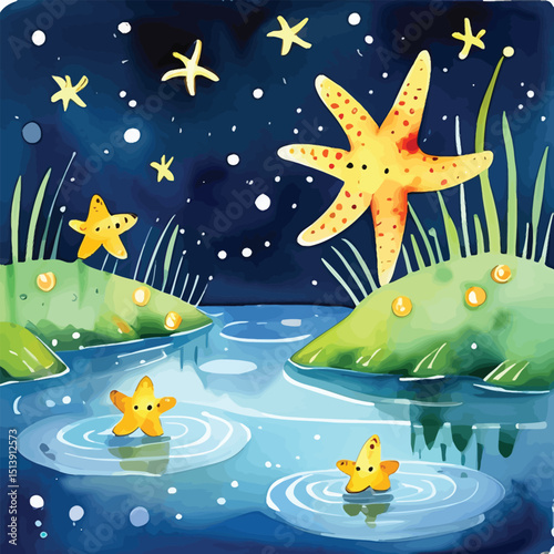 Starfish Night Watercolor Illustration Whimsical Sea Life Artwork For Childrens Books Nursery Decor And Educational Materials Featuring Smiling Starfish In A Serene Waterscape