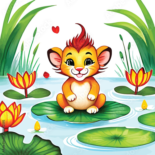 Adorable Lion Cub Cartoon Illustration Playful Vector Art For Childrens Books And Educational Materials Depicting A Sweet Lion Sitting On A Lily Pad In A Serene Pond Scene