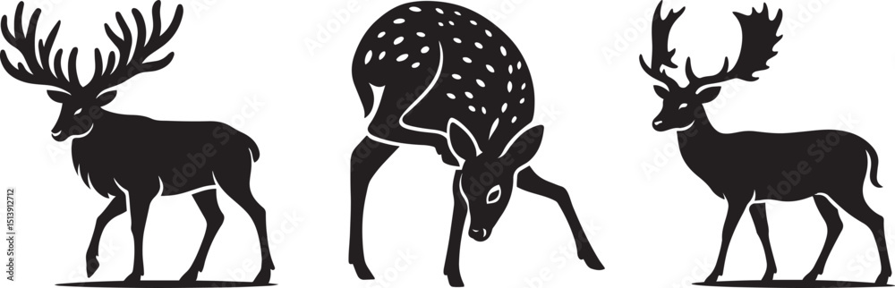 Obraz premium Majestic deer silhouettes forest setting, Nature wildlife animals in black outline