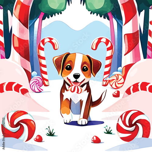 Whimsical Puppy In Candy Land Colorful Vector Illustration For Childrens Books And Holiday Themed Projects Conveying A Sense Of Joy And Festive Cheer With Playful Shapes And Vibrant Colors