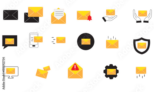 Yellow  envelopes icon set with bell,  exclamation mark. Open and close letters. Email notification. Office document. Send message. Cartoon creative design icons.  Vector illustration