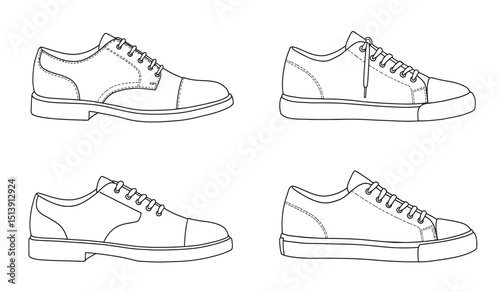 set of outline Cool Sneakers. Shoes sneaker outline drawing vector, Sneakers drawn in a sketch style, sneaker trainers template outline, Set Collection. vector Illustration.