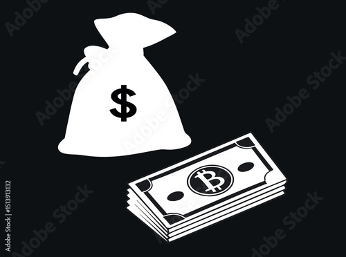 Money Bag and Bitcoin Bills - Financial Concept, black and white graphic of a money bag with a dollar sign and a stack of bills featuring a bitcoin symbol. dollar sign, bitcoin, bills, currency, finan