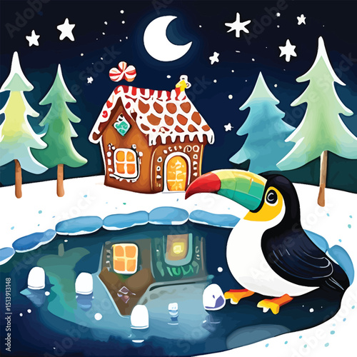Festive Winter Landscape With Toucan And Gingerbread House Whimsical Vector Illustration For Holiday Cards Childrens Books And Seasonal Decor