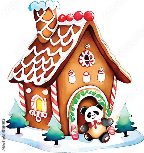Festive Watercolor Gingerbread House With Panda A Charming And Whimsical Illustration Ideal For Holiday Themed Cards Childrens Books And Cheerful Seasonal Designs Conveying Warmth And Sweetness