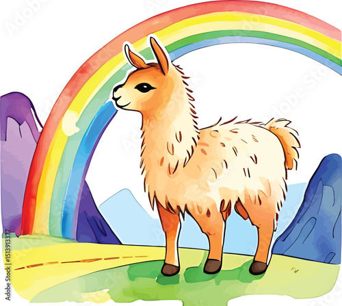Cheerful Llama And Rainbow Watercolor Illustration For Childrens Designs And Colorful Wall Art Whimsical Alpaca Illustration For Nursery Decor And Playful Creative Projects