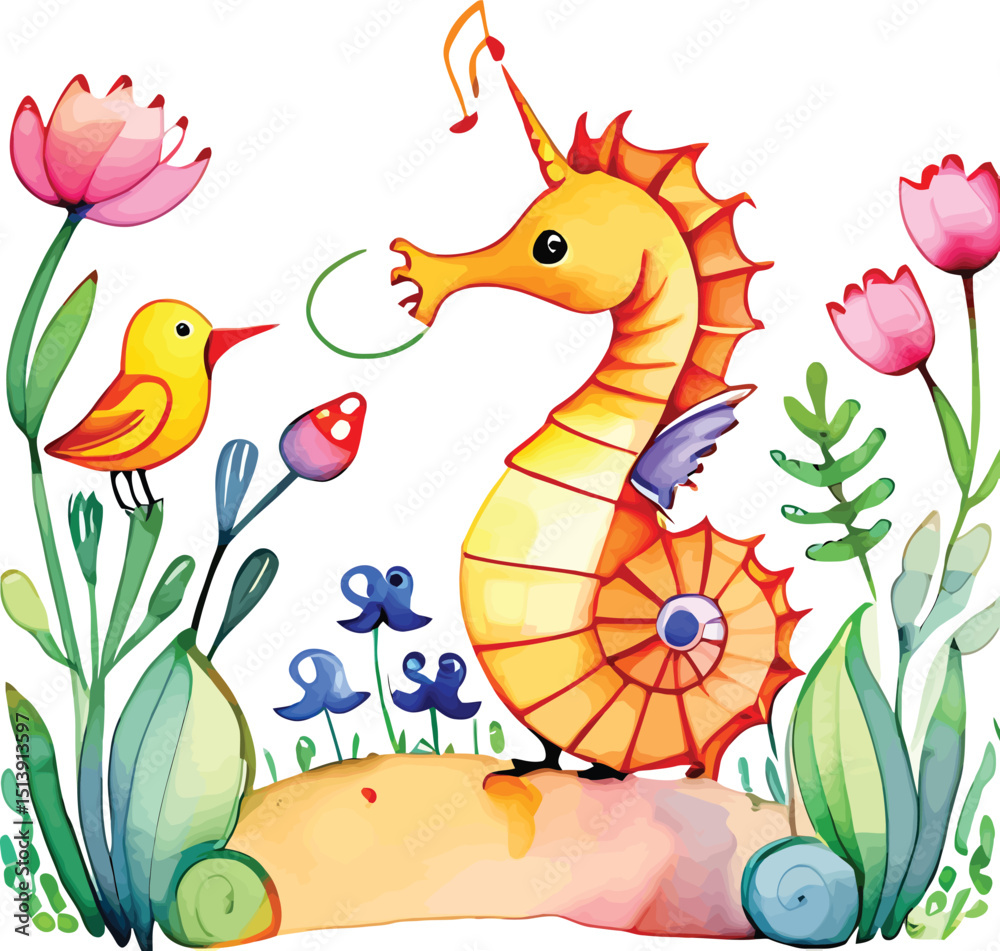 Fototapeta premium Whimsical Watercolor Seahorse Illustration Cartoon Sea Life Artwork For Childrens Decor Educational Materials And Cute Design Projects
