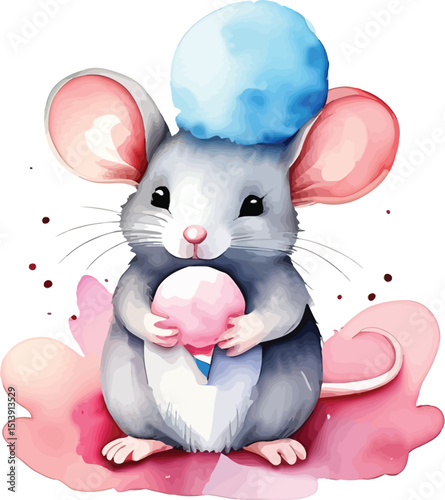 Whimsical Watercolor Mouse Holding A Pink Sphere Topped With A Blue Ball Cheerful Animal Illustration For Childrens Books Nursery Art And Playful Designs With A Cute Hand Painted Style