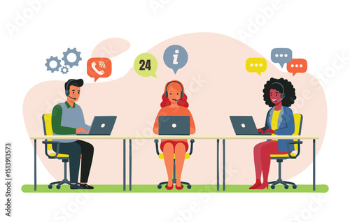 A Vibrant Flat Illustration Depicting a Diverse Customer Support Team Providing 24/7 Assistance, Seamlessly Integrating Technology for Efficient Problem-Solving and Client Satisfaction.