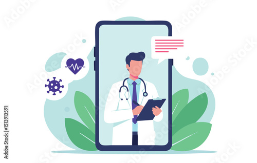 Telemedicine A Flat Illustration Depicting Doctor-Patient Virtual Consultation, Online Healthcare, Remote Medical Advice, Digital Health