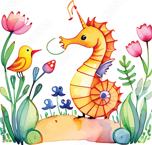 Whimsical Watercolor Seahorse Illustration Cartoon Sea Life Artwork For Childrens Decor Educational Materials And Cute Design Projects