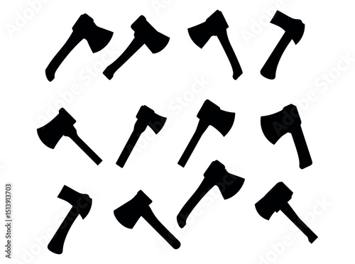 Black Axe Silhouettes for Design, collection of black silhouette ax heads and handles in various orientations against a pure white background. axe, ax, hatchet, silhouette, black and white, black, whi