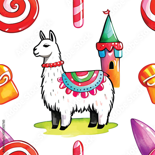 Playful Llama And Candy Wonderland Colorful Vector Pattern For Kids Designs Sweet Treats And Festive Celebrations
