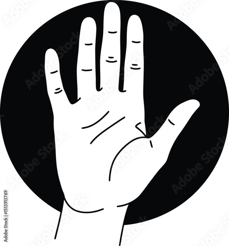 Open hand gesture icon. White outline palm in black circle for stop, hello, high five, communication symbol. AI Generative
