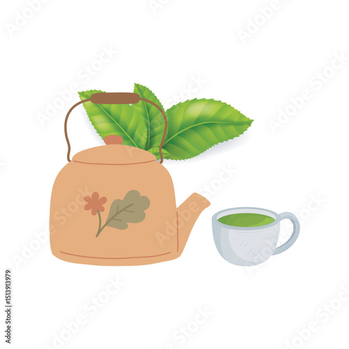 Tranquil Tea Time  A Relaxing Illustration of a Tea Kettle and Cup. Illustration Vector