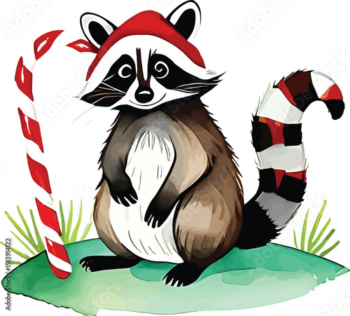 Festive Raccoon Watercolor Illustration Cheerful Animal Vector Graphic With Candy Cane And Holiday Hat For Childrens Books And Seasonal Greeting Cards Conveying Joy And Whimsy