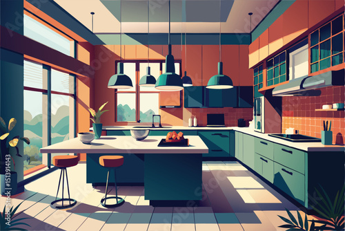 Modern Kitchen Design. Teal Cabinets & Mountain View