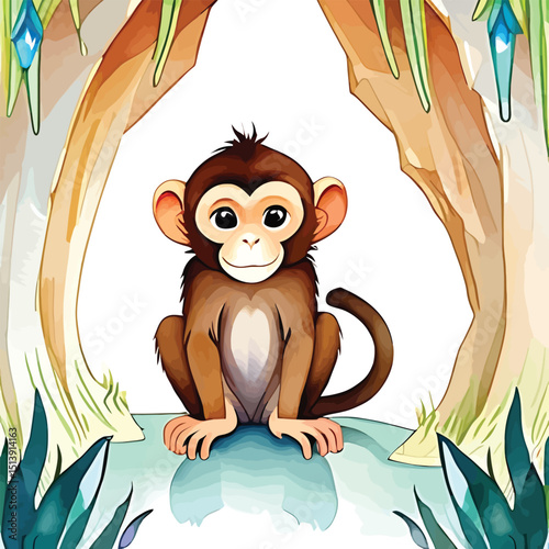 Watercolor Style Monkey Illustration Adorable Primate Cartoon For Childrens Books Educational Materials And Animal Themed Designs With Trees And Lush Vegetation In The Background