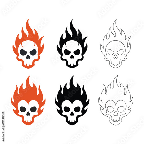 Halloween skull set with blazing fire flame in spooky art style vector illustration.