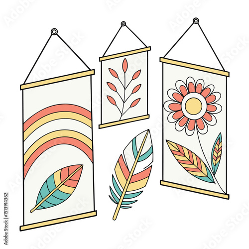 Bohemian Wall Hanging Prints Rainbow, Flower, and Feather Designs