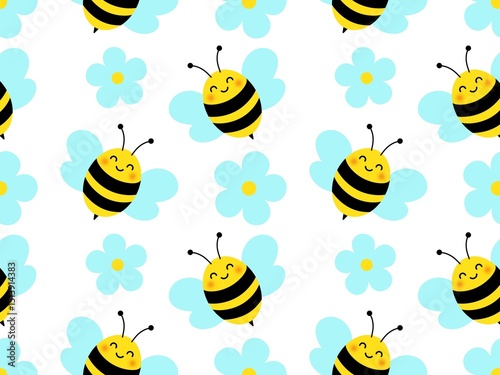 Repeating pattern with cute bees and flowers in flat style