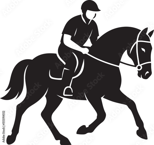 Jockey riding horse silhouette illustration, Horse and rider in motion black style