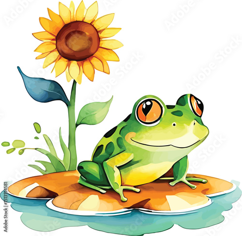Whimsical Watercolor Frog With Sunflower Cute Cartoon Illustration For Childrens Books Educational Materials And Spring Themed Designs Conveying Joy Nature And Playful Charm