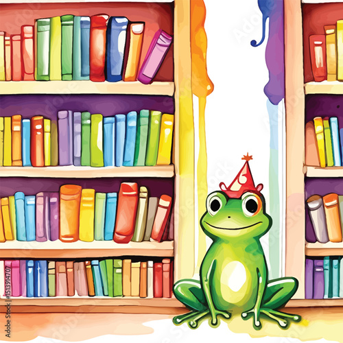 Whimsical Watercolor Frog With Party Hat In A Bookcase Illustration For Childrens Books Educational Material And Decorative Prints