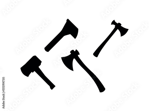 Vector Illustration of Different Types of Axes, Silhouette illustration of various axes, showcasing different shapes and sizes, four axes against a plain white background. axes, silhouette, black and 