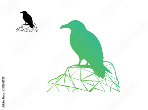Geometric Raven Perched on a Triangular Rock, stylized illustration of a raven perched atop a polygon-shaped rock. wildlife, animal, nature, rock,  silhouette, gradient, green, logo, raven logo, line 
