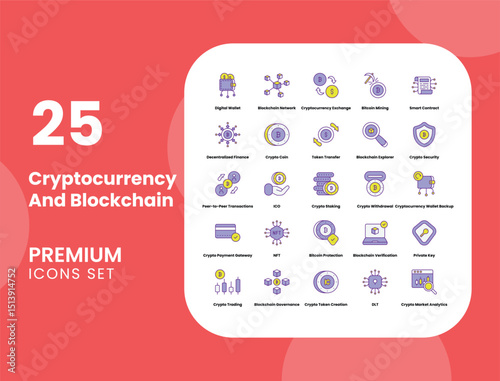 Cryptocurrency and Blockchain Vector Icon Stock Illustration for Digital Finance, DeFi, and Crypto Security