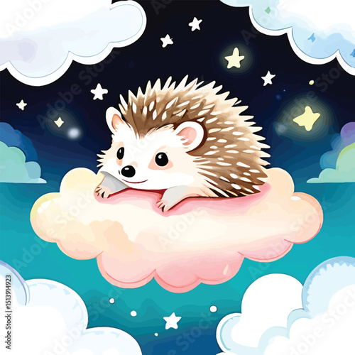 Dreamy Watercolor Hedgehog On A Cloud Whimsical Illustration For Childrens Decor Sleepy Stories Or Fantasy Art Projects Evoking A Sense Of Peacefulness And Childlike Wonder