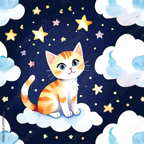 Cute Kitten Sitting On A Cloud In Night Sky Dreamy Watercolor Vector Illustration For Childrens Designs Nursery Decor And Whimsical Backgrounds